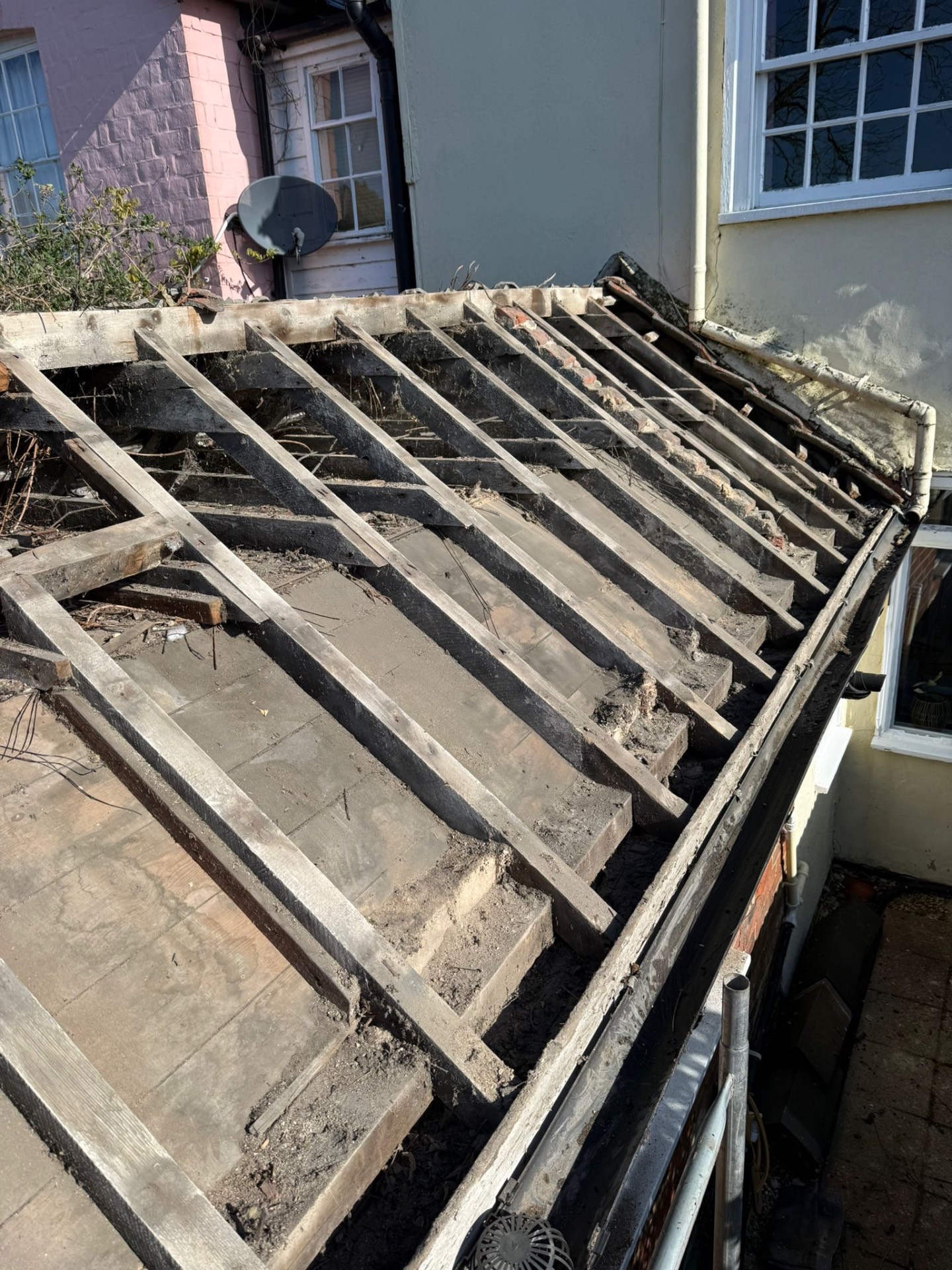 Full roof strip showing rafters and sound structural timbers