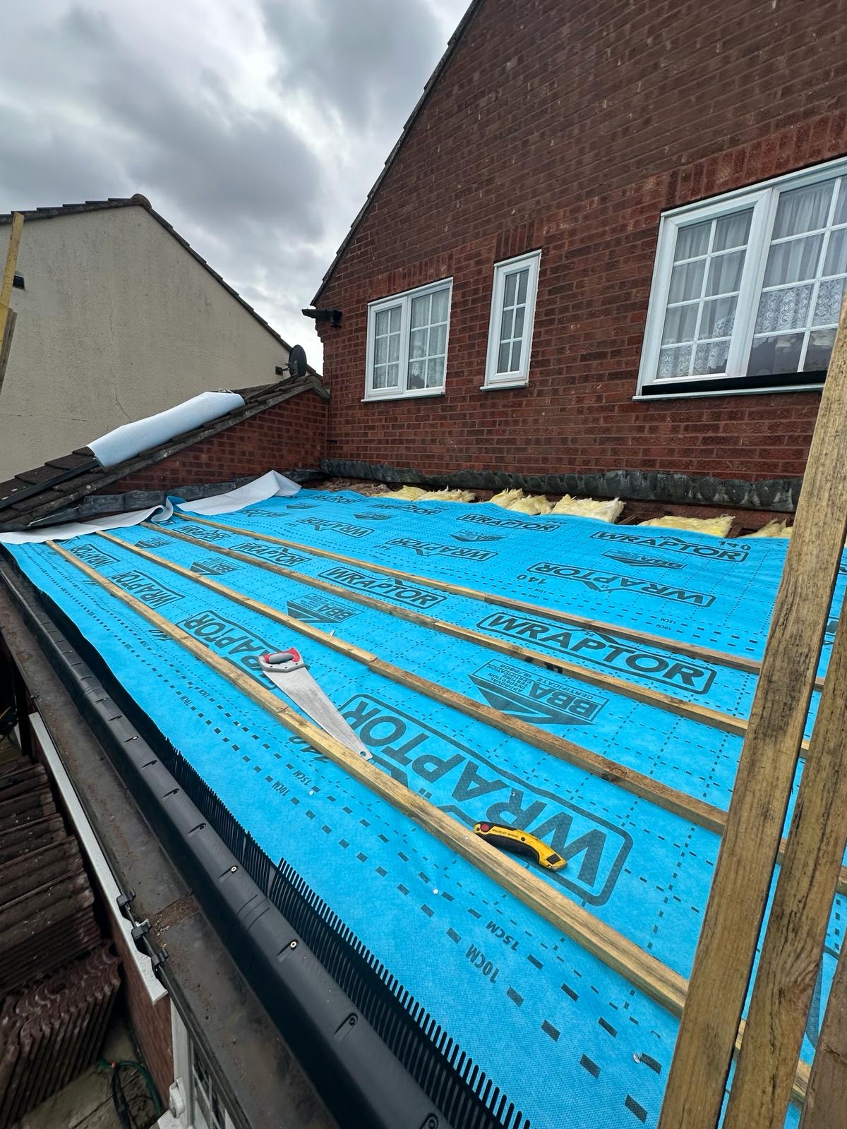 Wraptor breather membrane and battens on bay roof ready for tiling