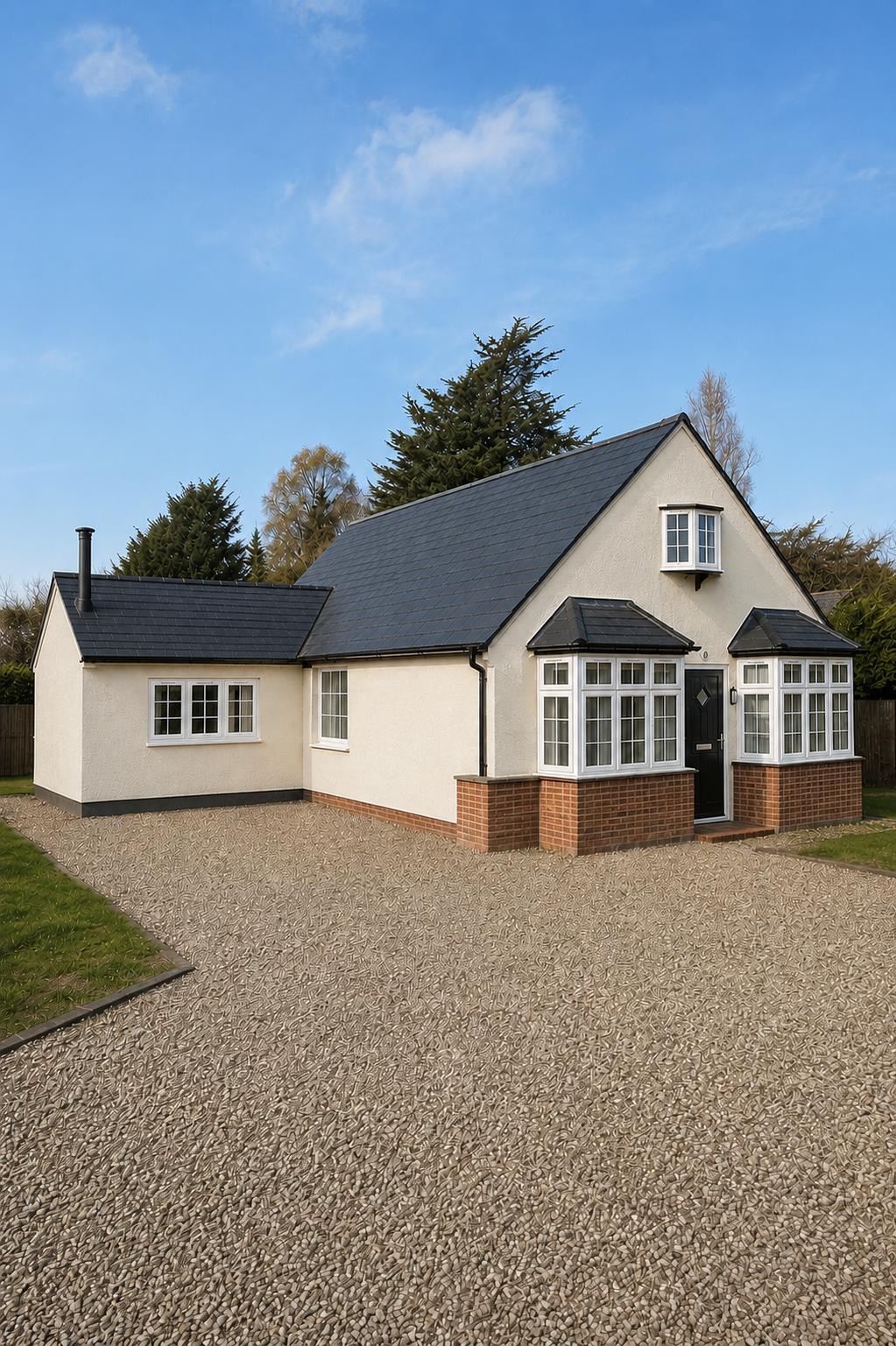 Detached cottage-style home with a crisp new slate roof and porch dormers