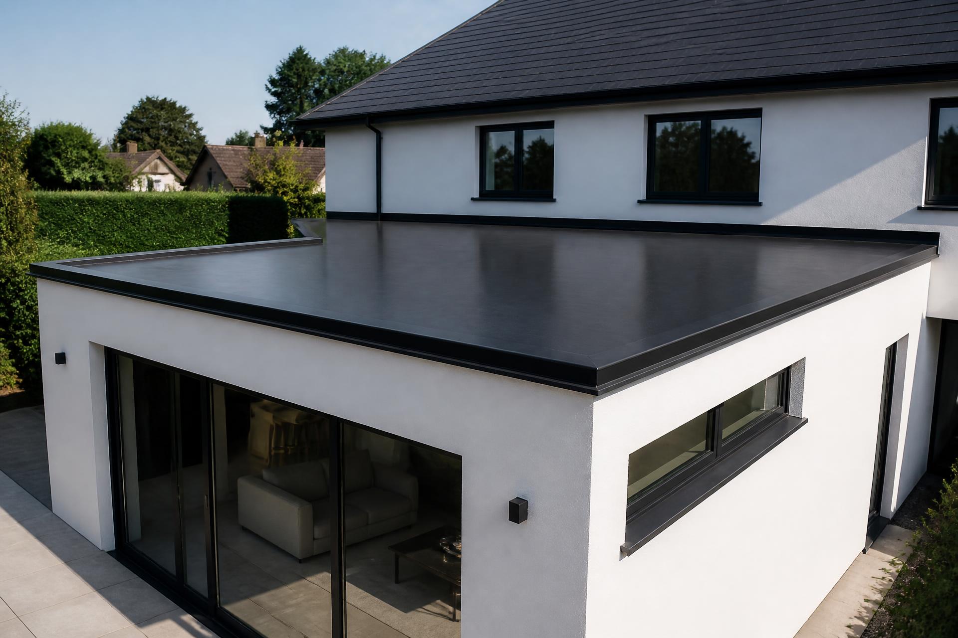 Modern black EPDM flat roof on a house extension